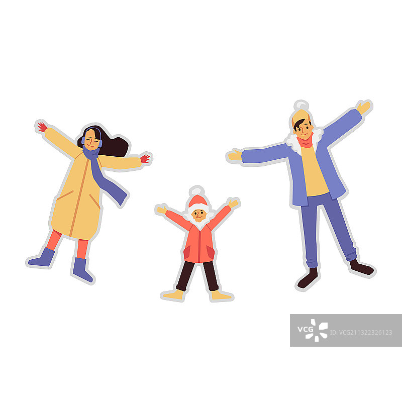 家人一起堆雪天使，享受冬季图片素材