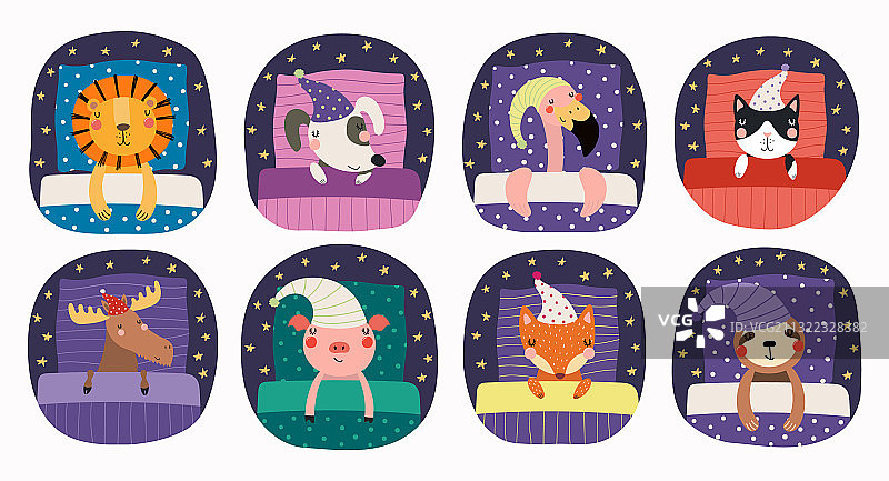 可爱的睡梦动物套装图片素材