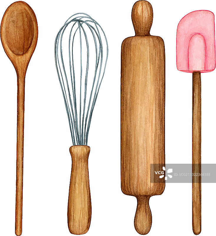 水彩烹饪工具木制餐具套装图片素材