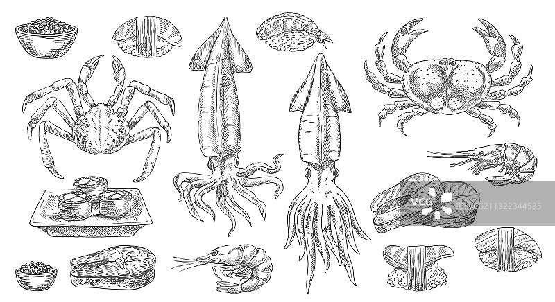 海鲜素描食物海洋鱼类和寿司图标图片素材