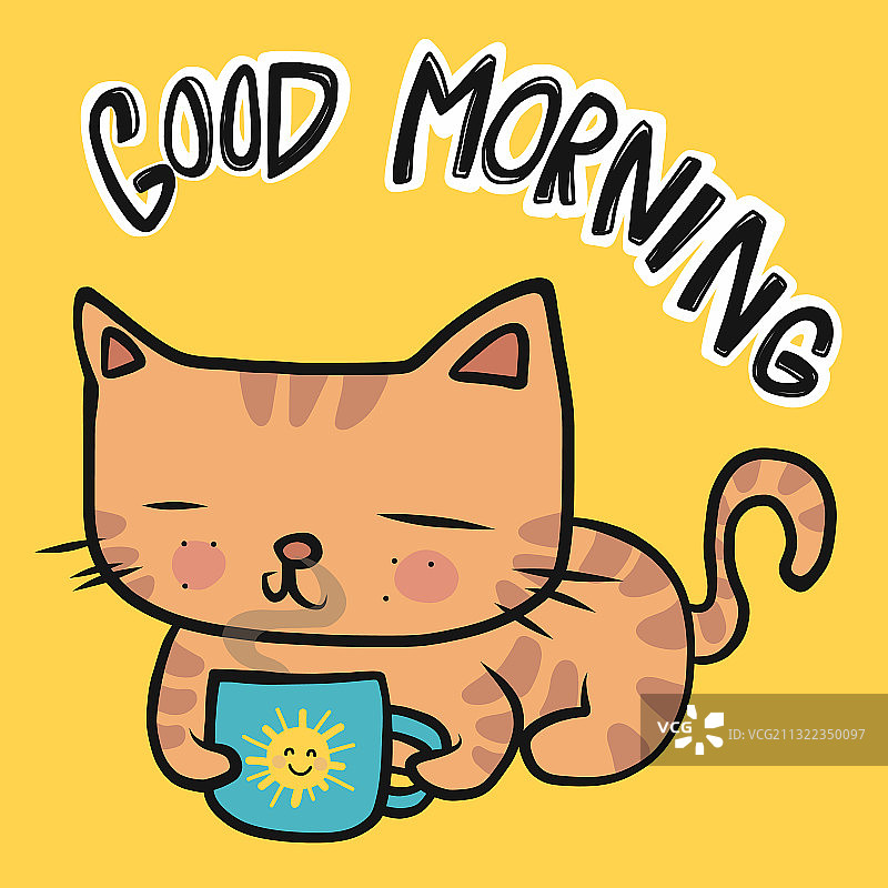 带有早安咖啡杯的橙色虎斑猫图片素材