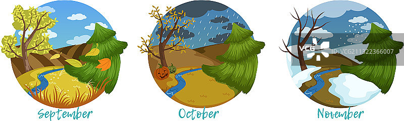 秋季时节的三个月日历图片素材