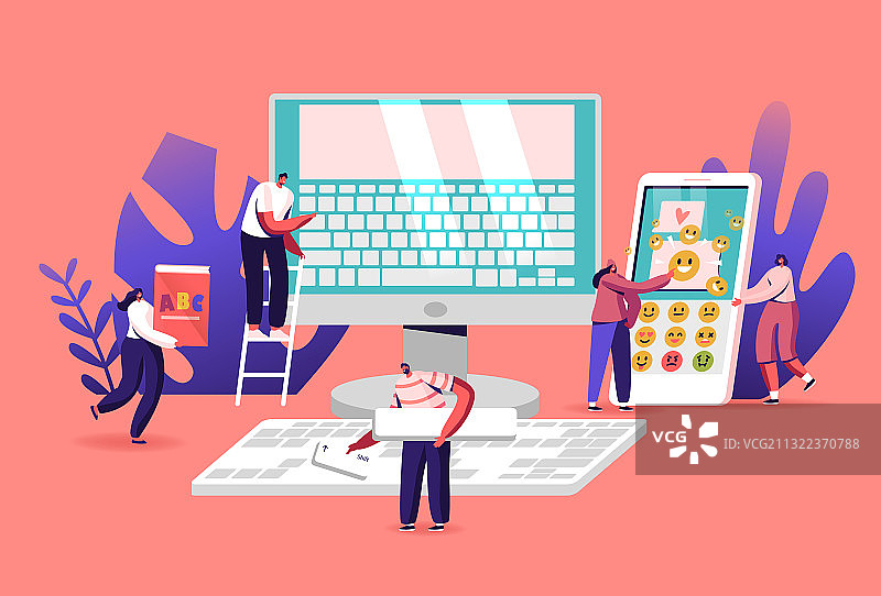 巨大电脑旁的微型男女角色图片素材