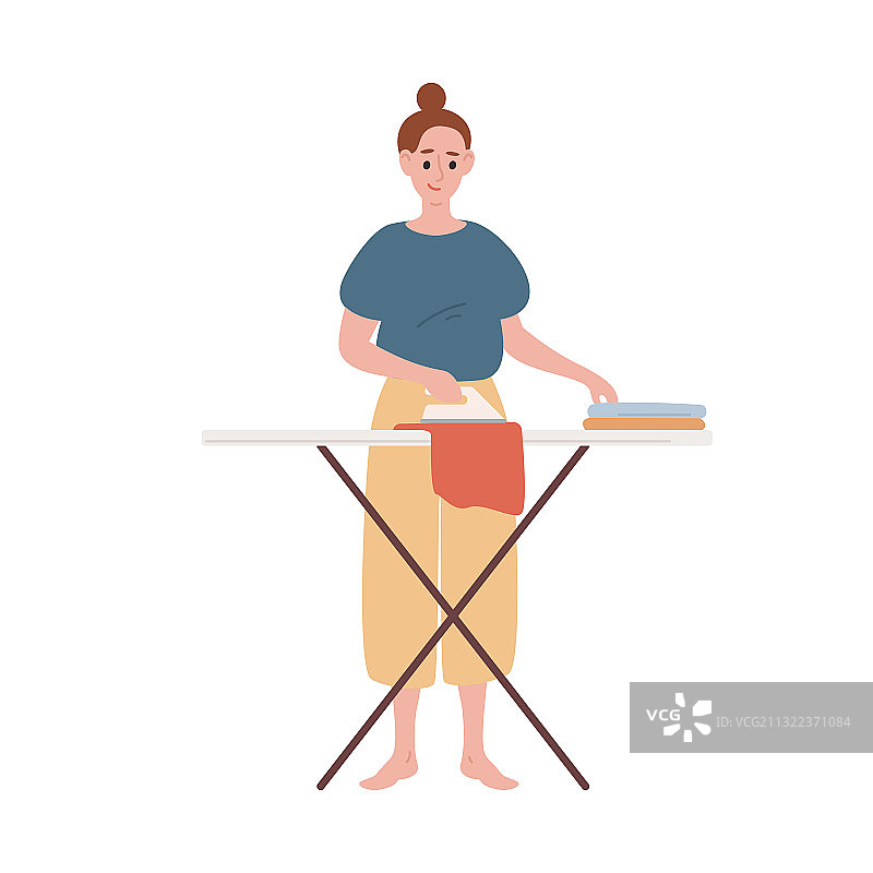 快乐的现代家庭主妇熨烫衣服图片素材