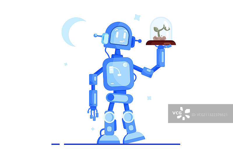 扁平风格的友善机器人手捧植物图片素材