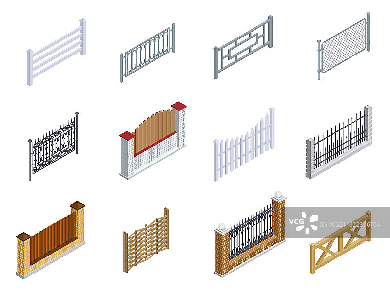 金属砖木围栏2.5D图标集图片素材