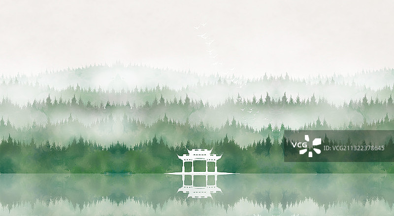 中国风绿色山水仙境插画图片素材