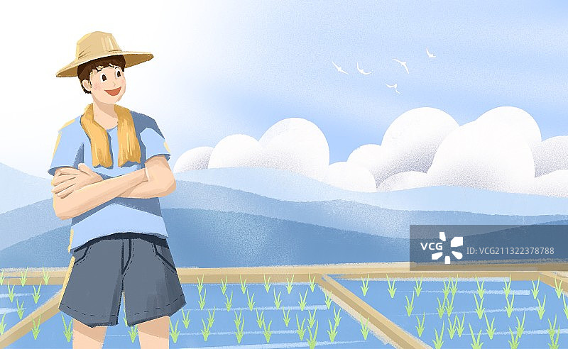 春天耕种的农民和水稻插画图片素材