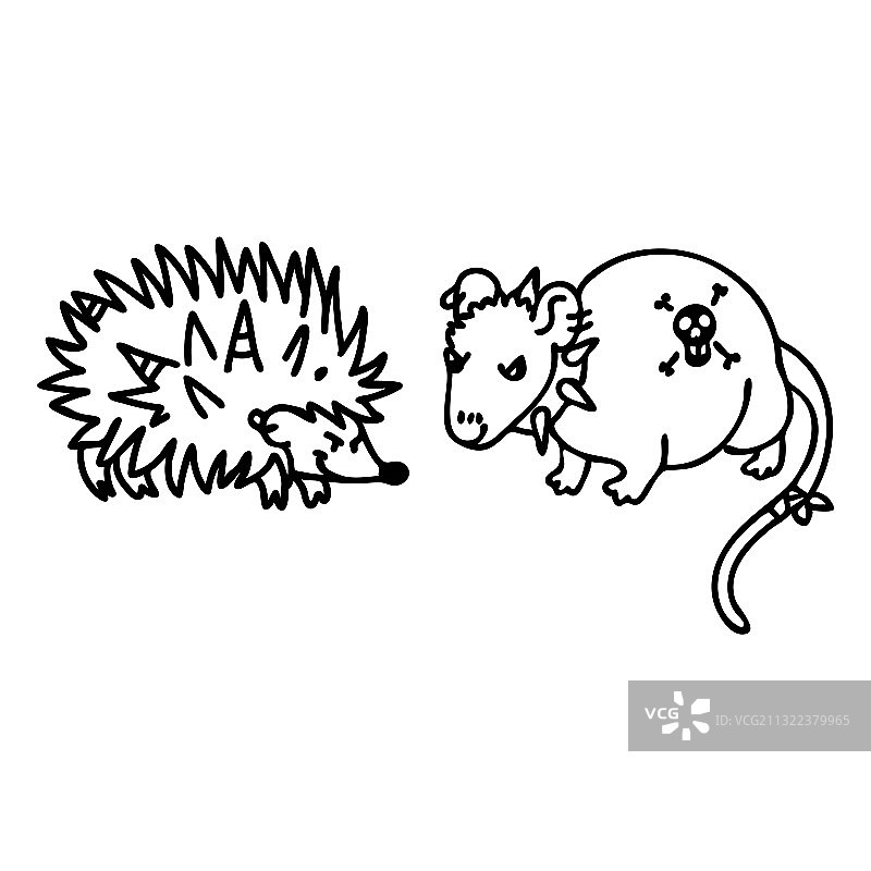 朋克摇滚刺猬和老鼠单色线条画图片素材