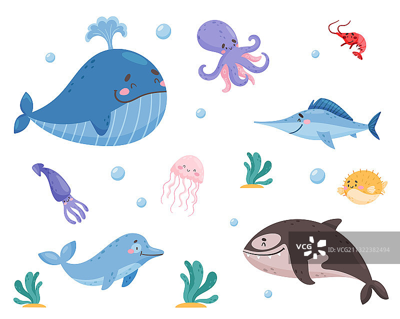 鲸鱼和章鱼海洋动物漂浮图案图片素材