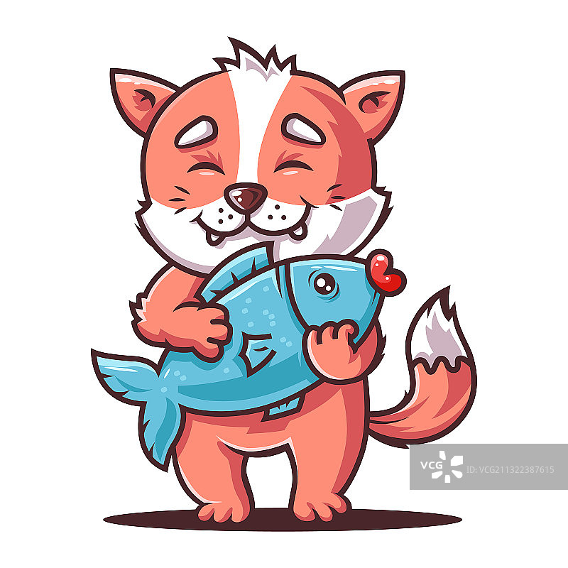 饥饿的猫拿着一条大鱼图片素材