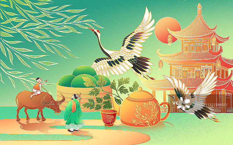 国潮清明节传统元素插画图片素材