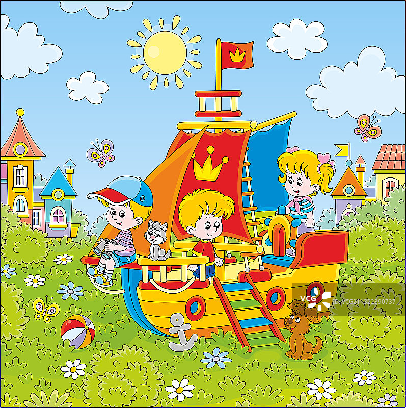 孩子们在玩具船上玩耍图片素材