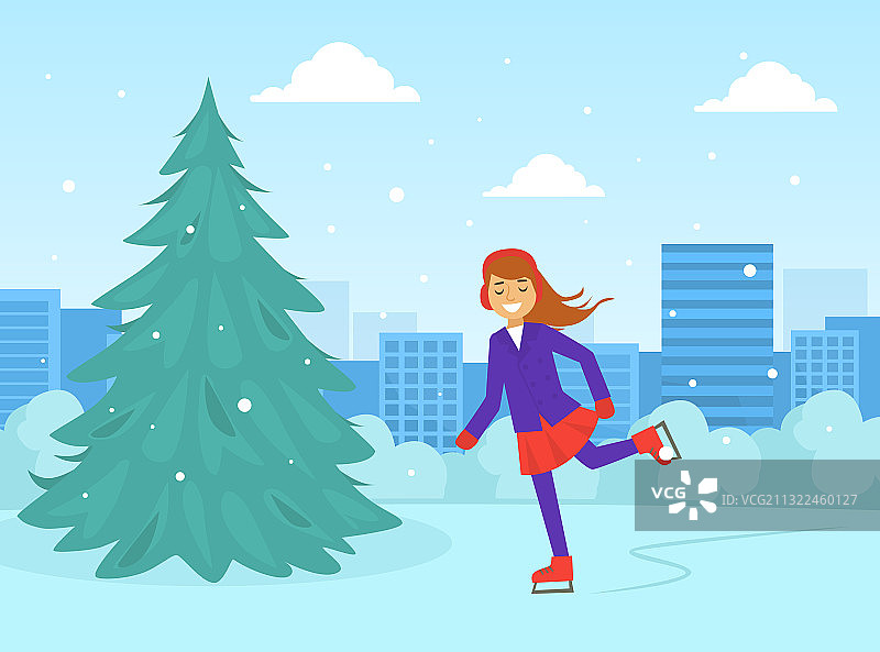 身穿冬装的女孩在溜冰场滑冰图片素材