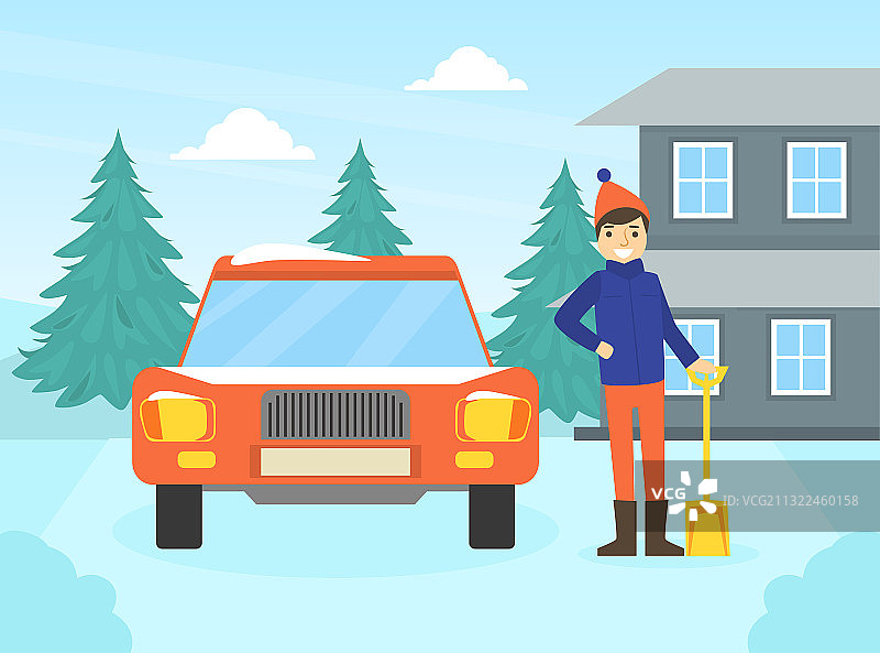 男人在雪天户外清理汽车图片素材