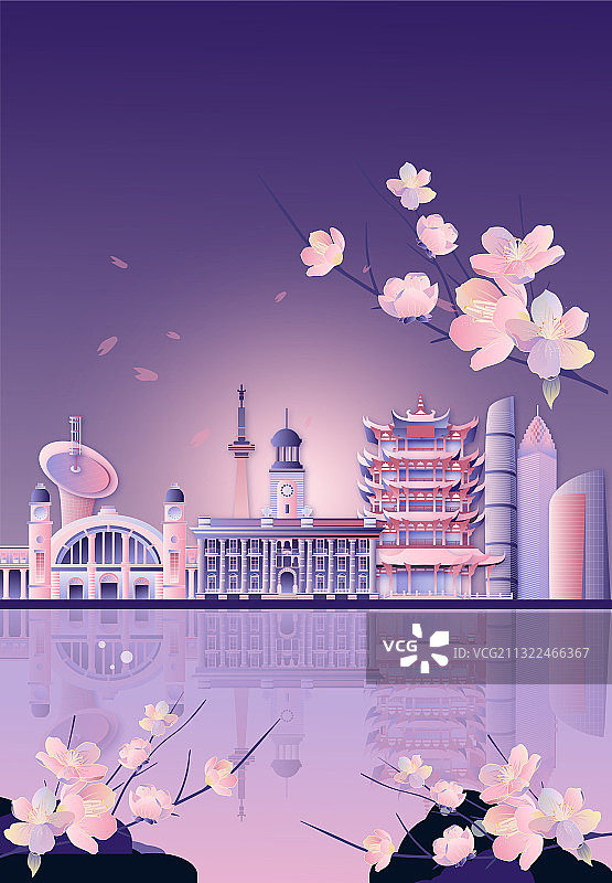 武汉樱花城市地标建筑黄鹤楼江汉关汉口火车站竖版图片素材