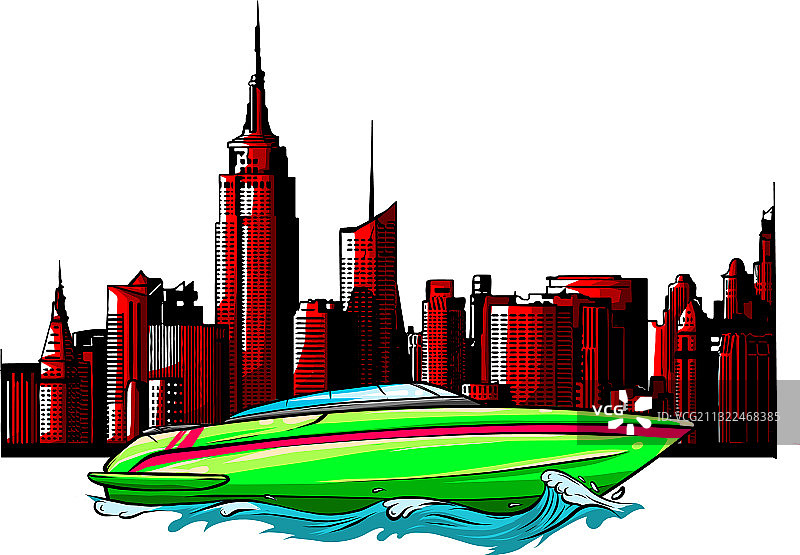 城市背景下的豪华快艇图片素材