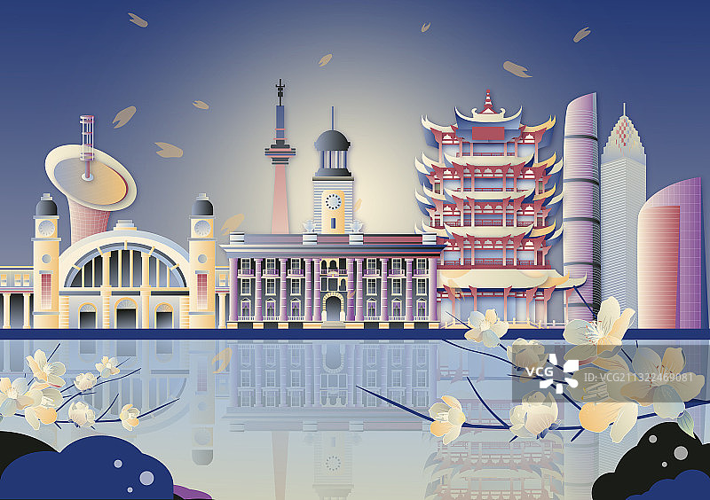 武汉樱花城市地标建筑黄鹤楼江汉关汉口火车站图片素材