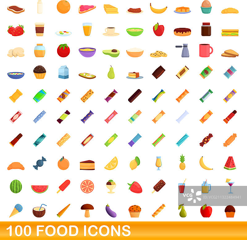 100个食物图标集，卡通风格图片素材