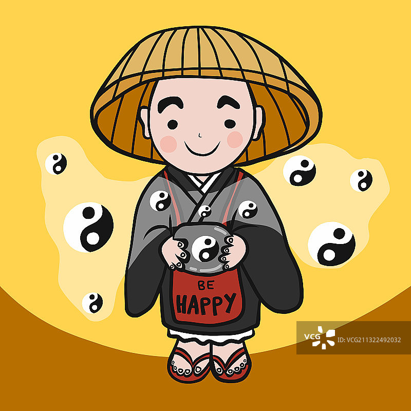 手持阴阳符号的快乐僧侣卡通形象图片素材