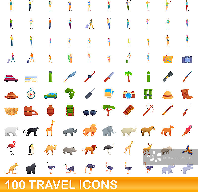 100个卡通风格旅行图标合集图片素材