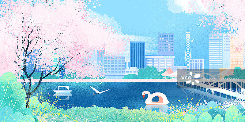 春天春分清明节桃花草地河面建筑蓝天插画图片素材