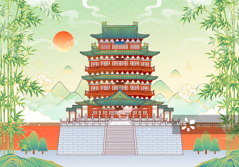 江西南昌滕王阁建筑矢量插画图片素材