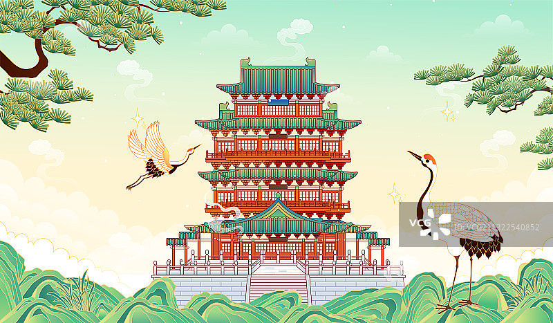 江西南昌滕王阁建筑矢量插画图片素材
