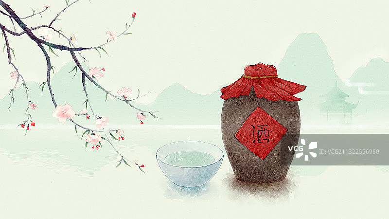 唯美古风水彩酒坛花枝远山图片素材