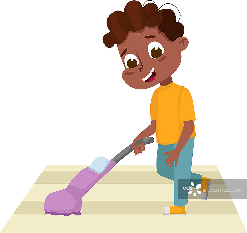 微笑的男孩用吸尘器清洁地毯图片素材