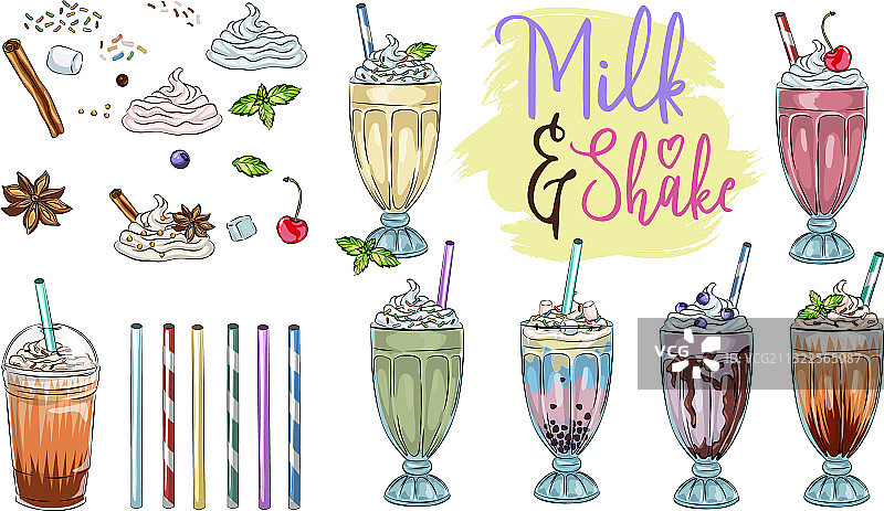 不同口味奶昔合集：巧克力与樱桃图片素材