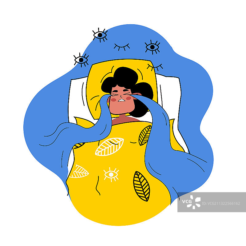 在床上哭泣的卡通风格女人图片素材