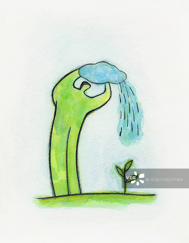 男子浇灌手捧云朵的植物插画图片素材