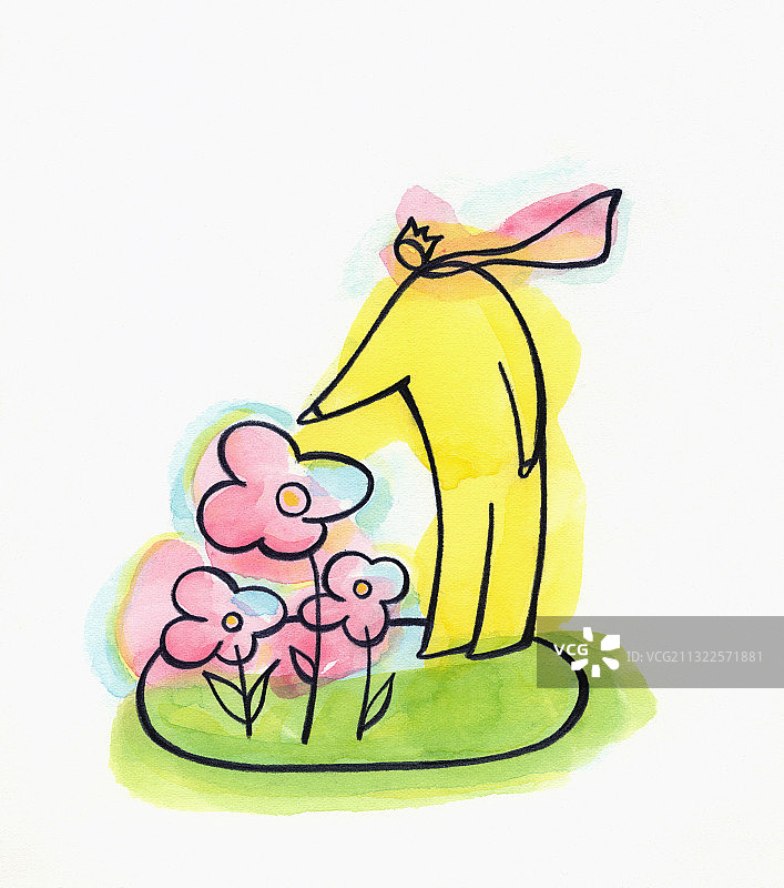 黄色小王子儿童形象触摸花朵插画图片素材