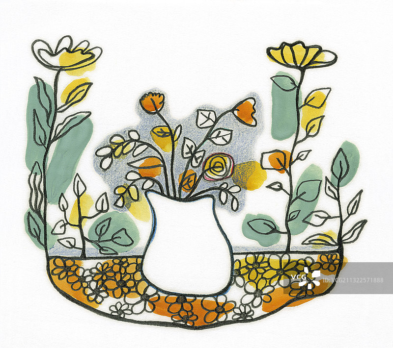 白色背景花瓶中鲜花静物插画图片素材