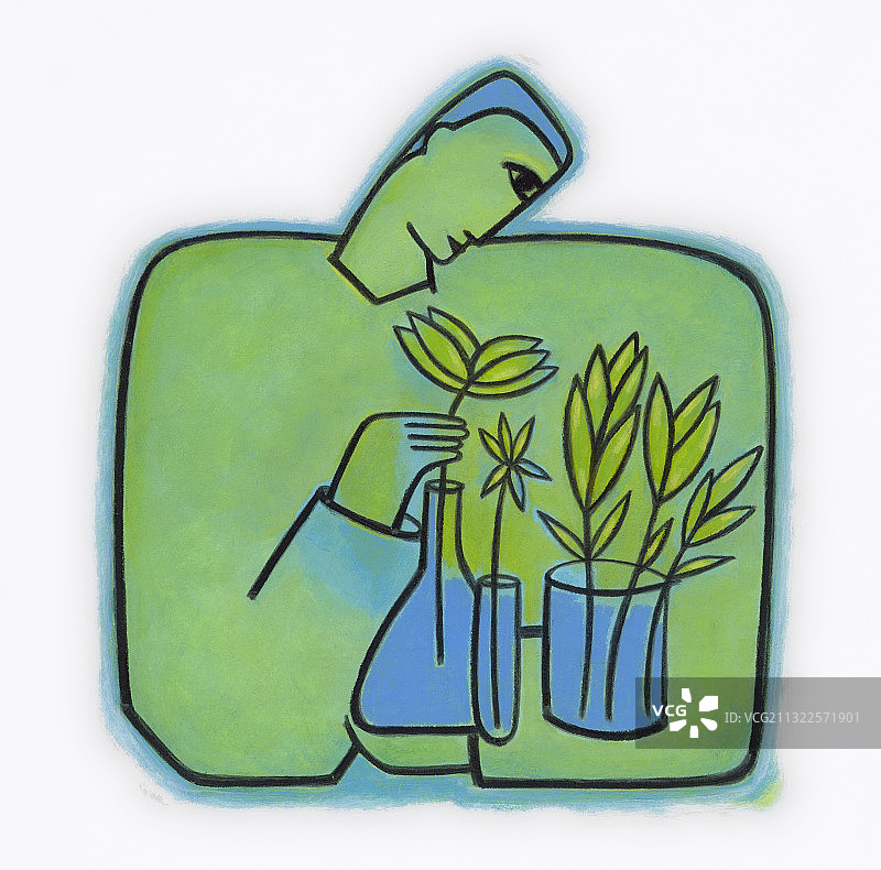 男人实验植物生长插画图片素材