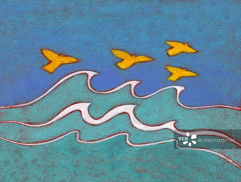 波浪上的四只黄色小鸟插画图片素材
