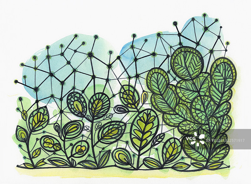 植物上的线条和点叠加插图图片素材