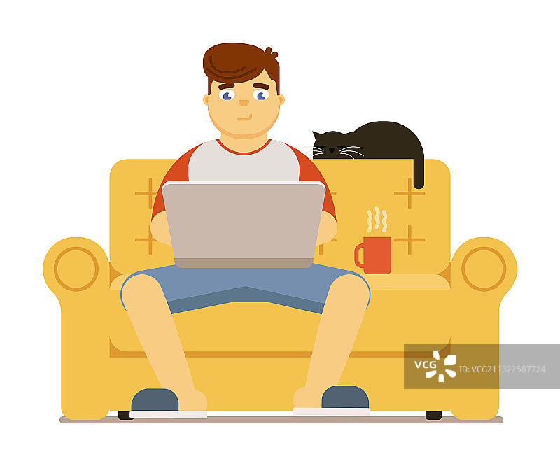 在白色背景的沙发上使用笔记本电脑的男人图片素材