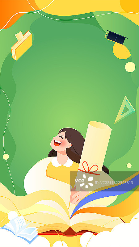 女孩抱着通知书开心大笑教育矢量插画竖图图片素材