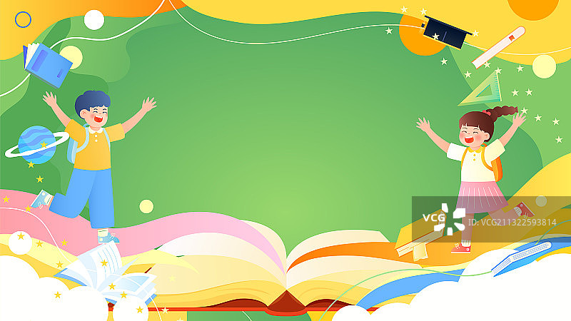 两个儿童在翻开的书本上教育矢量插画横图背景图片素材
