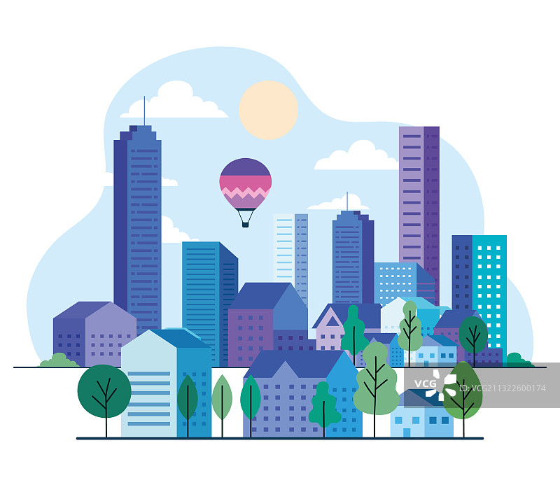 城市景观：建筑房屋与热气球图片素材