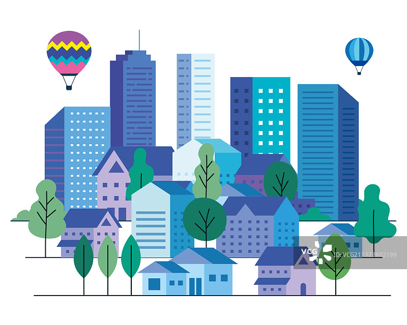 城市景观：建筑房屋与热气球图片素材