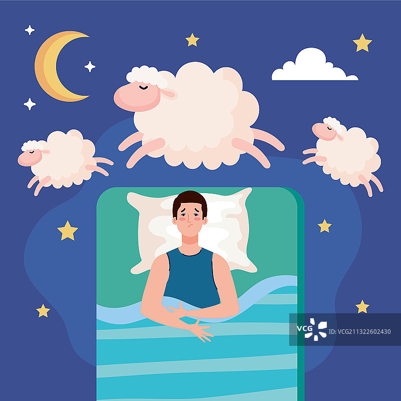 失眠男子在床上拥抱枕头和绵羊图片素材