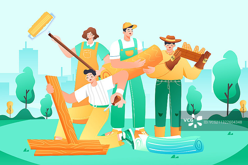 卡通五一劳动节维修家政清洁社区城市服务劳动电商红包矢量插画图片素材