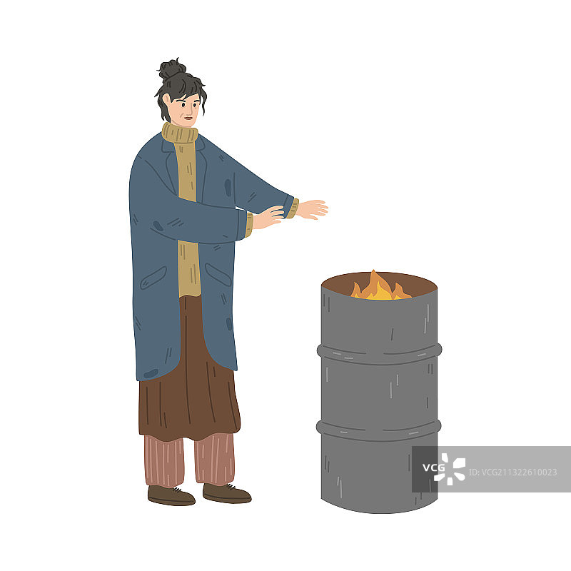 无家可归的脏女人在附近取暖图片素材