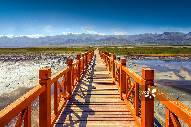新疆巴里坤县草原彩色湿地木栈道天山山脉图片素材