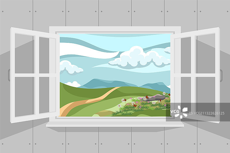 开启的窗户与美丽的夏季景观图片素材