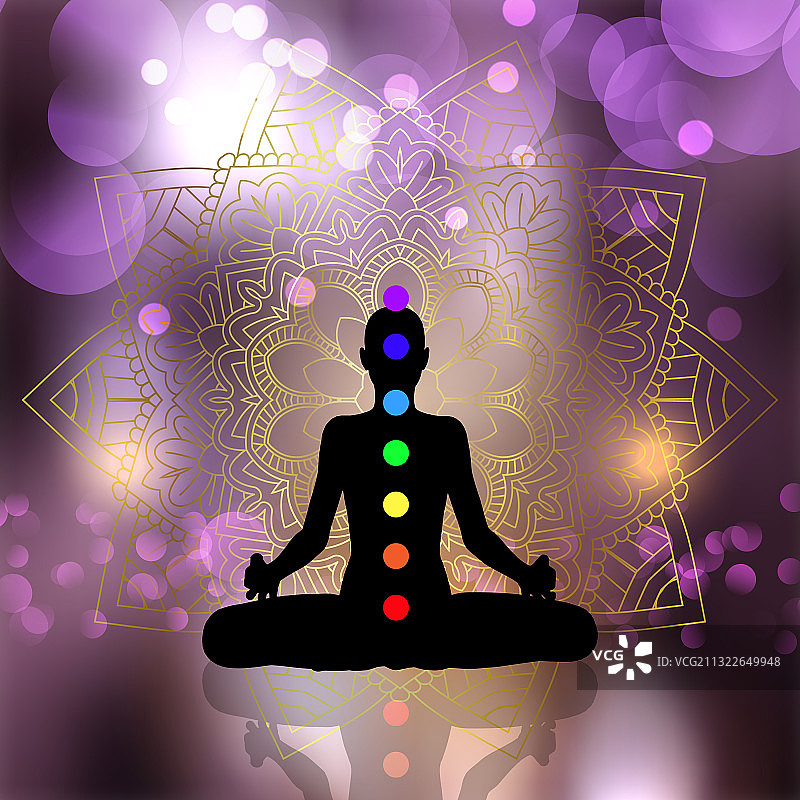 在瑜伽姿势中带有脉轮的女性剪影图片素材