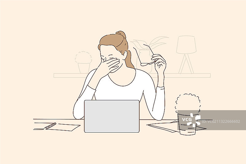 疲惫的年轻女性揉眼睛，感到眼睛疲劳图片素材